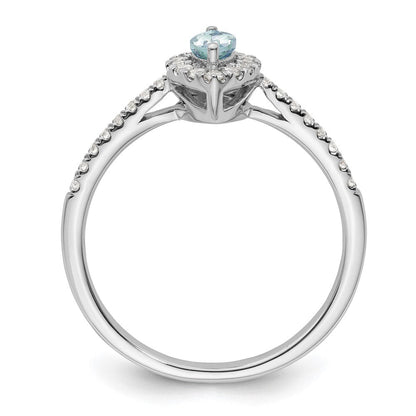 14K Weißgold Ring mit 0,2 ct. Labor-gezüchteten Diamanten VS/SI+ G+ und Aquamarin, Geburtsstein März