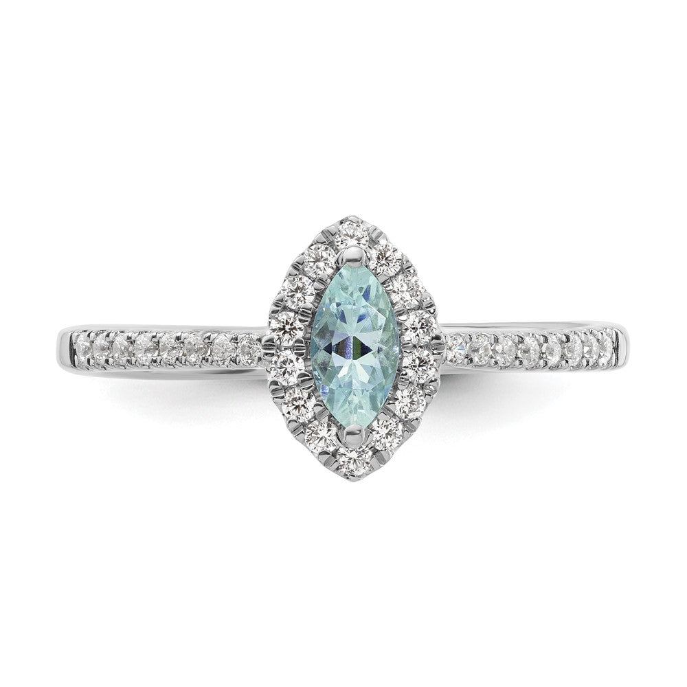 14K Weißgold Ring mit 0,2 ct. Labor-gezüchteten Diamanten VS/SI+ G+ und Aquamarin, Geburtsstein März