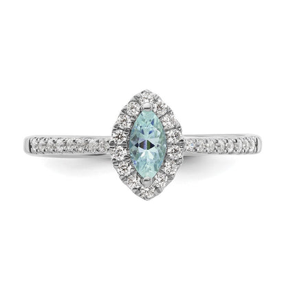 14K Weißgold Ring mit 0,2 ct. Labor-gezüchteten Diamanten VS/SI+ G+ und Aquamarin, Geburtsstein März