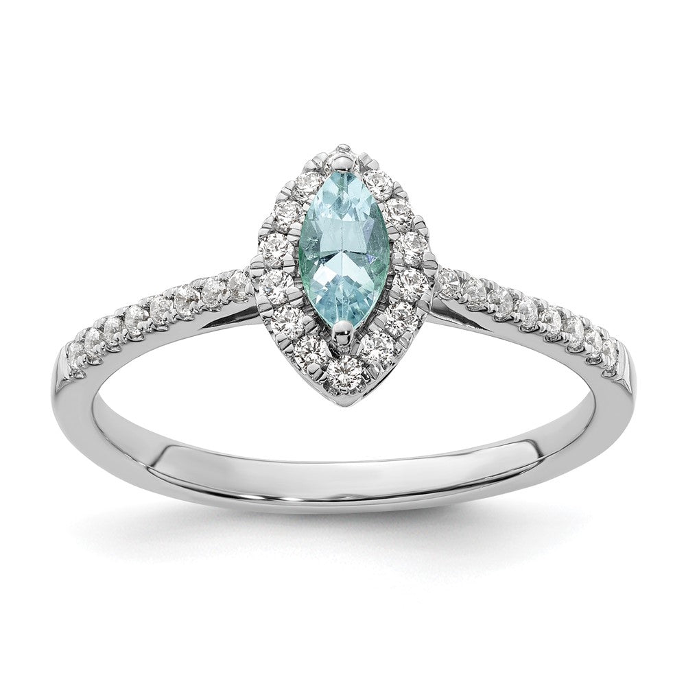 14K Weißgold Ring mit 0,2 ct. Labor-gezüchteten Diamanten VS/SI+ G+ und Aquamarin, Geburtsstein März