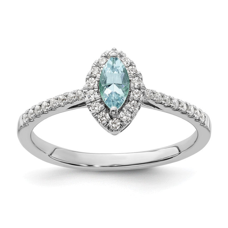 14K Weißgold Ring mit 0,2 ct. Labor-gezüchteten Diamanten VS/SI+ G+ und Aquamarin, Geburtsstein März