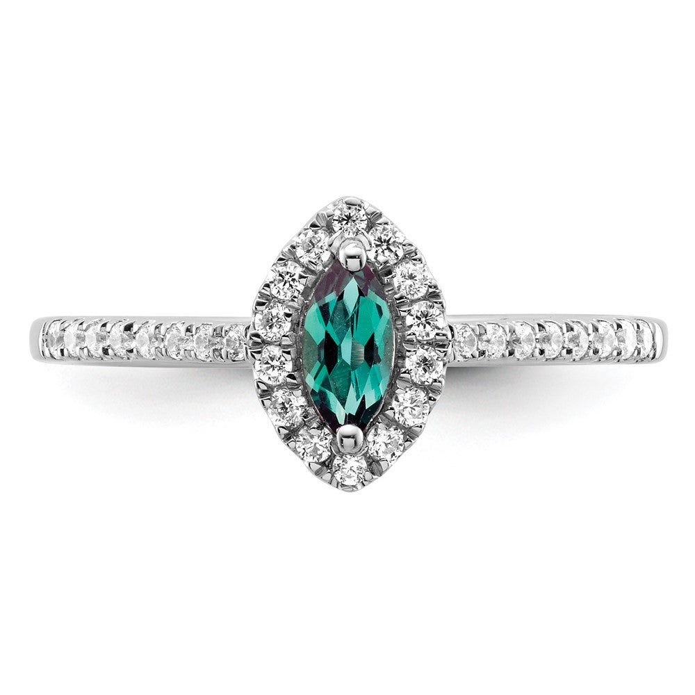 14K Weißgold Ring mit 0,2 ct. im Labor gezüchteten Diamanten VS/SI+ G+ und im Labor gezüchtetem Alexandrit, Juni-Geburtsstein