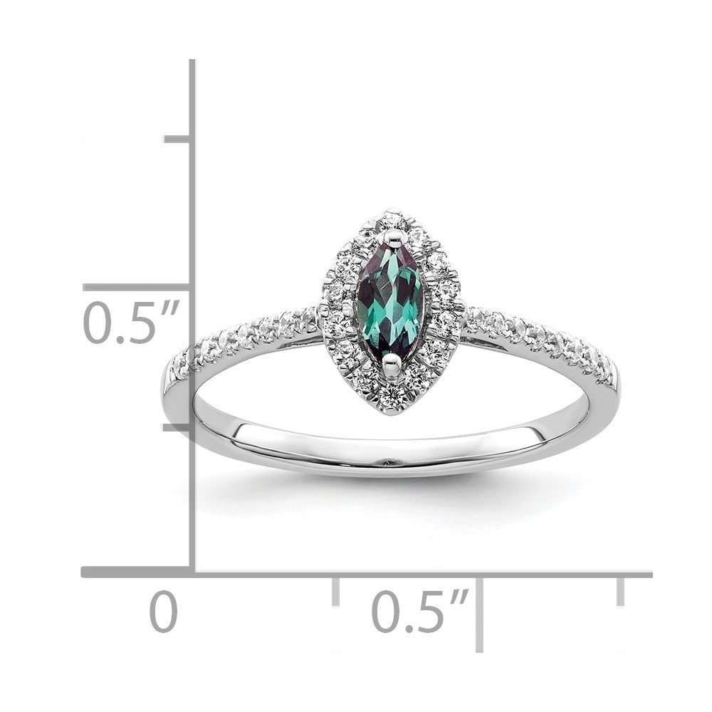 14K Weißgold Ring mit 0,2 ct. im Labor gezüchteten Diamanten VS/SI+ G+ und im Labor gezüchtetem Alexandrit, Juni-Geburtsstein