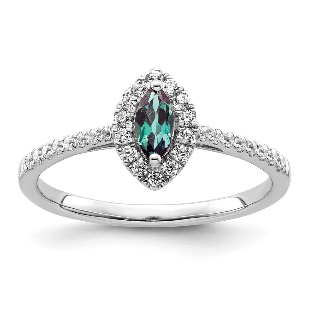 14K Weißgold Ring mit 0,2 ct. im Labor gezüchteten Diamanten VS/SI+ G+ und im Labor gezüchtetem Alexandrit, Juni-Geburtsstein