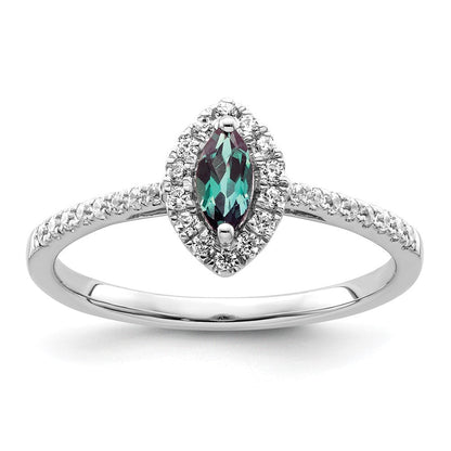 14K Weißgold Ring mit 0,2 ct. im Labor gezüchteten Diamanten VS/SI+ G+ und im Labor gezüchtetem Alexandrit, Juni-Geburtsstein
