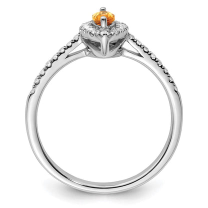 14K Weißgold Ring mit 0,2 ct. im Labor gezüchteten Diamanten VS/SI+ G+ und Citrin, Geburtsstein November