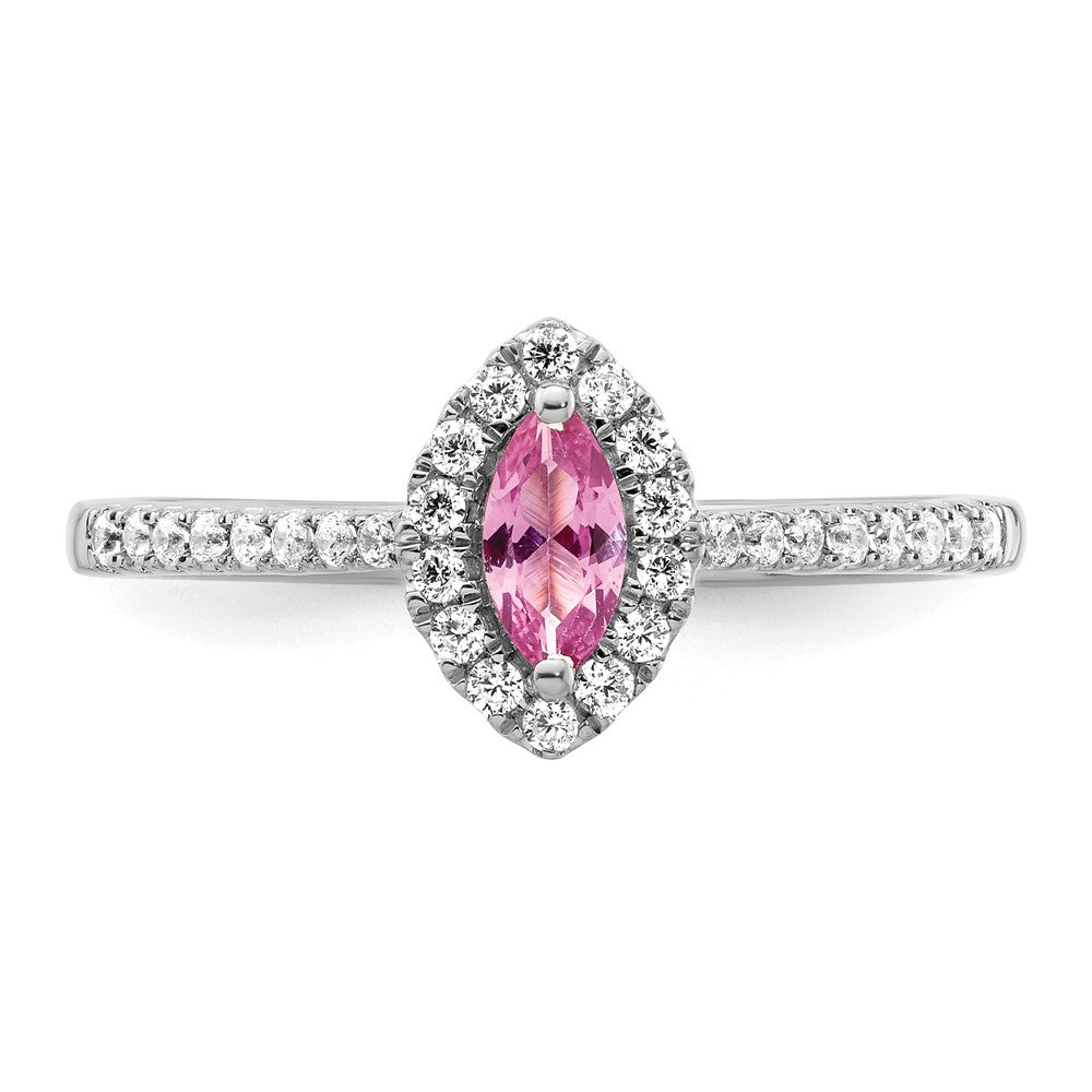 14K Weißgold Ring mit 0,2 ct. im Labor gezüchteten Diamanten VS/SI+ G+ und im Labor gezüchteten pinken Saphiren, Oktober-Geburtsstein