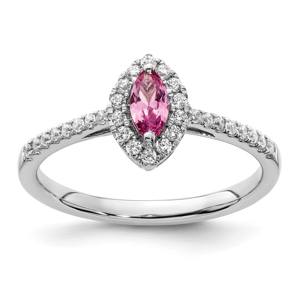 14K Weißgold Ring mit 0,2 ct. im Labor gezüchteten Diamanten VS/SI+ G+ und im Labor gezüchteten pinken Saphiren, Oktober-Geburtsstein