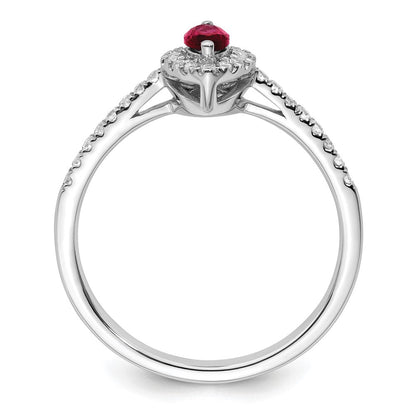 14K Weißgold Ring mit 0,2 ct. im Labor gezüchteten Diamanten VS/SI+ G+ und im Labor gezüchtetem Rubin, Geburtsstein Juli