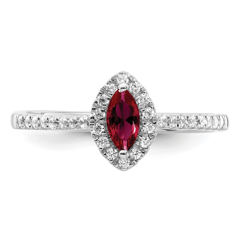 14K Weißgold Ring mit 0,2 ct. im Labor gezüchteten Diamanten VS/SI+ G+ und im Labor gezüchtetem Rubin, Geburtsstein Juli