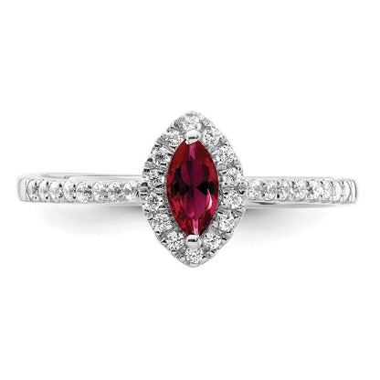 14K Weißgold Ring mit 0,2 ct. im Labor gezüchteten Diamanten VS/SI+ G+ und im Labor gezüchtetem Rubin, Geburtsstein Juli