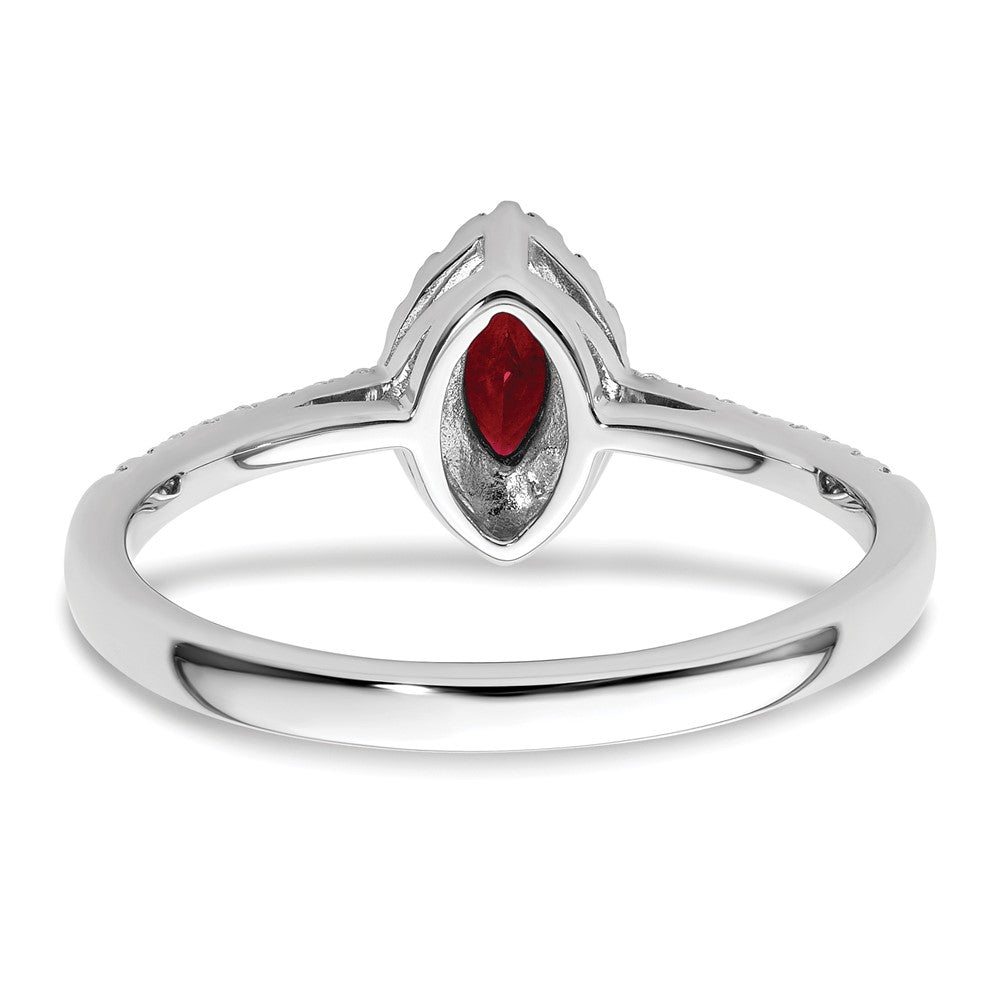 14K Weißgold Ring mit 0,2 ct. im Labor gezüchteten Diamanten VS/SI+ G+ und im Labor gezüchtetem Rubin, Geburtsstein Juli