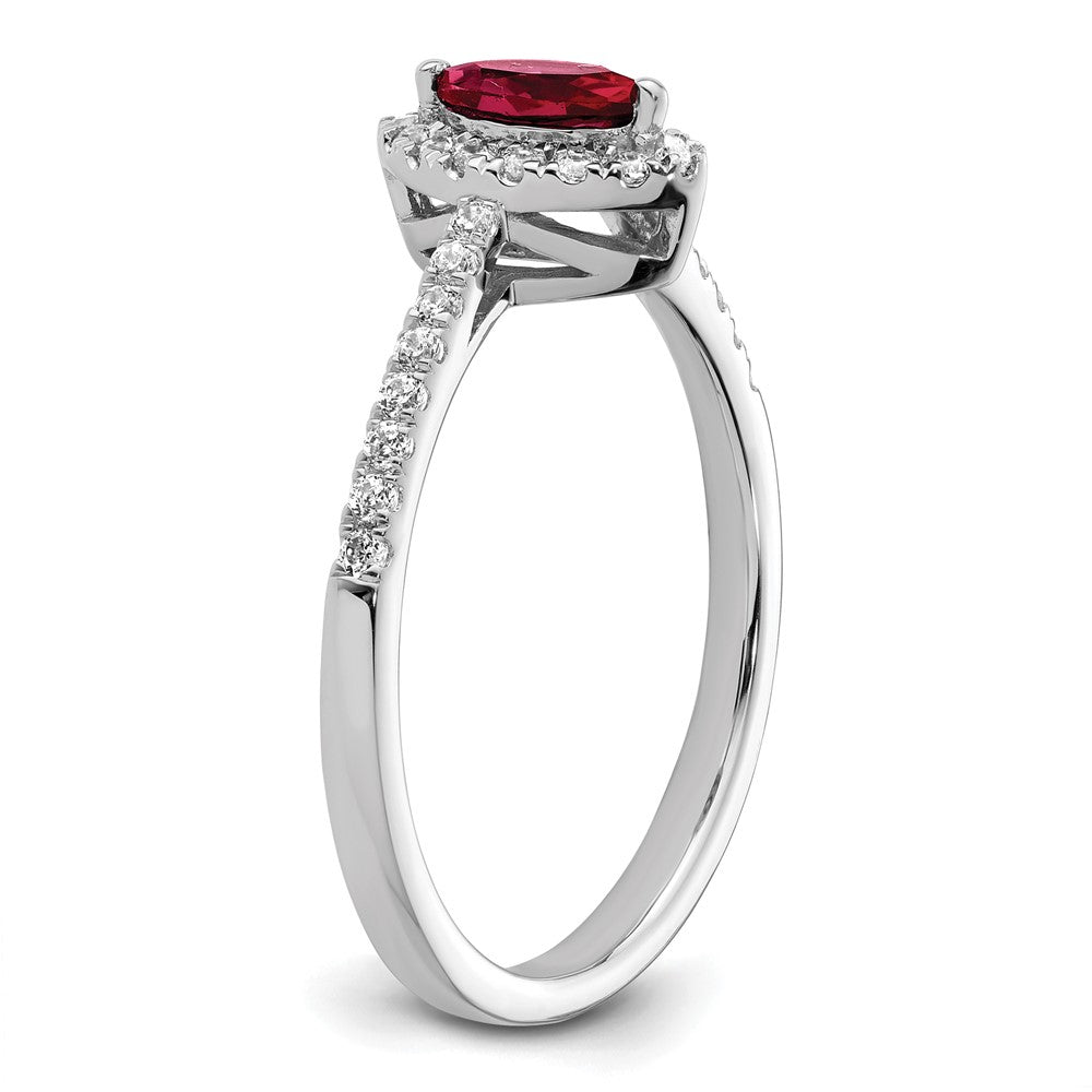 14K Weißgold Ring mit 0,2 ct. im Labor gezüchteten Diamanten VS/SI+ G+ und im Labor gezüchtetem Rubin, Geburtsstein Juli