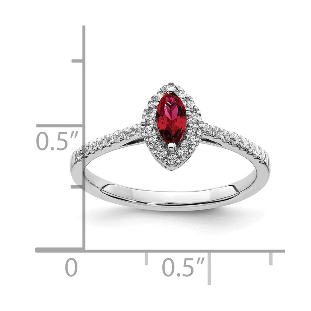 14K Weißgold Ring mit 0,2 ct. im Labor gezüchteten Diamanten VS/SI+ G+ und im Labor gezüchtetem Rubin, Geburtsstein Juli