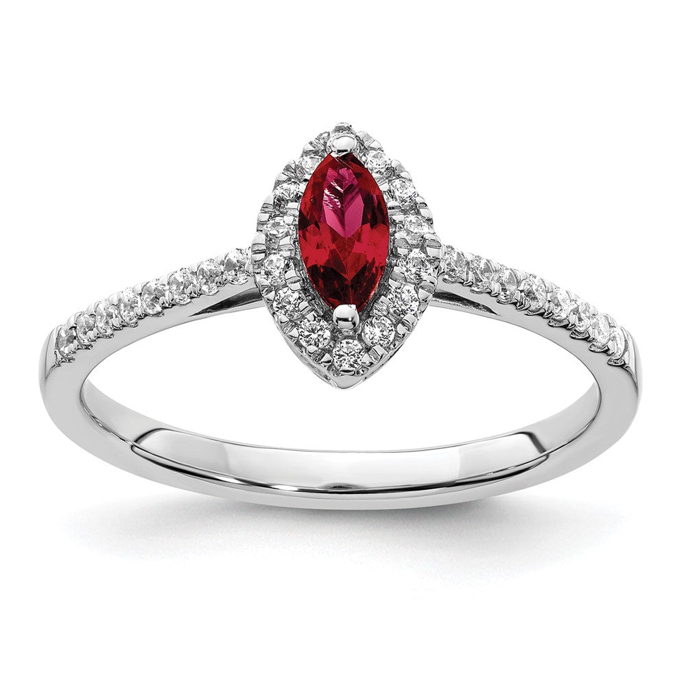 14K Weißgold Ring mit 0,2 ct. im Labor gezüchteten Diamanten VS/SI+ G+ und im Labor gezüchtetem Rubin, Geburtsstein Juli