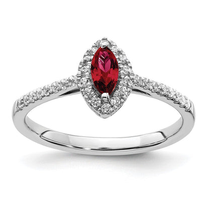 14K Weißgold Ring mit 0,2 ct. im Labor gezüchteten Diamanten VS/SI+ G+ und im Labor gezüchtetem Rubin, Geburtsstein Juli