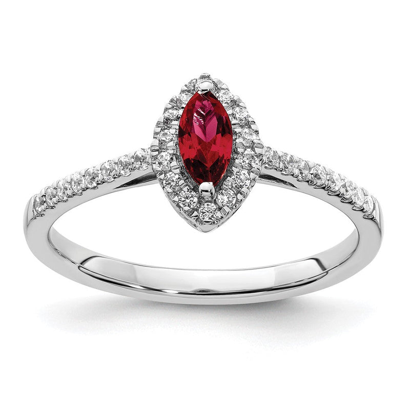 14K Weißgold Ring mit 0,2 ct. im Labor gezüchteten Diamanten VS/SI+ G+ und im Labor gezüchtetem Rubin, Geburtsstein Juli