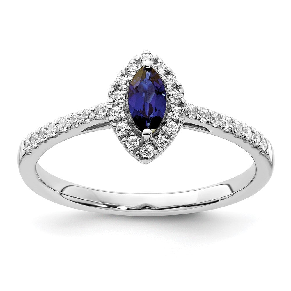 14K Weißgold Ring mit 0,2 ct. im Labor gezüchteten Diamanten VS/SI+ G+ und im Labor gezüchteten blauen Saphiren, Geburtsstein September
