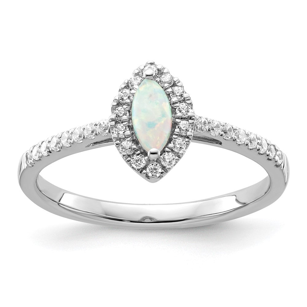 14K Weißgold Ring mit 0,2 ct. im Labor gezüchteten Diamanten VS/SI+ G+ und im Labor gezüchtetem Opal, Geburtsstein Oktober
