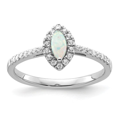 14K Weißgold Ring mit 0,2 ct. im Labor gezüchteten Diamanten VS/SI+ G+ und im Labor gezüchtetem Opal, Geburtsstein Oktober