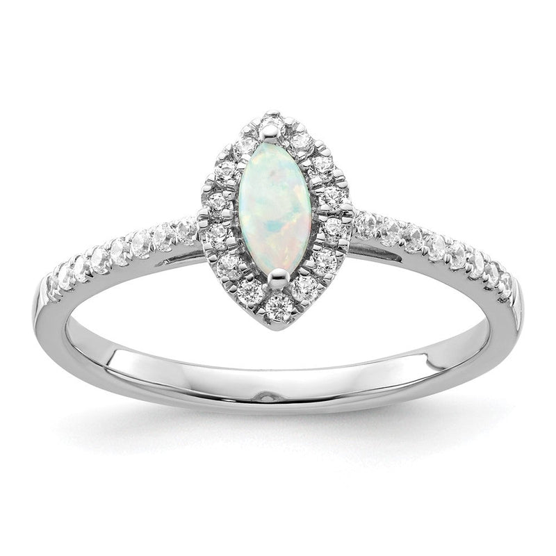 14K Weißgold Ring mit 0,2 ct. im Labor gezüchteten Diamanten VS/SI+ G+ und im Labor gezüchtetem Opal, Geburtsstein Oktober