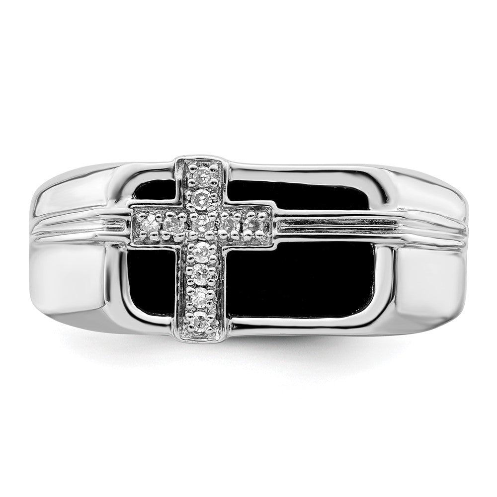 14K Weißgold Ring mit 0,05 ct. Laborgezüchtetem Diamant VS/SI+ G+ und Onyx-Kreuz für Herren