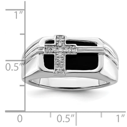 14K Weißgold Ring mit 0,05 ct. Laborgezüchtetem Diamant VS/SI+ G+ und Onyx-Kreuz für Herren
