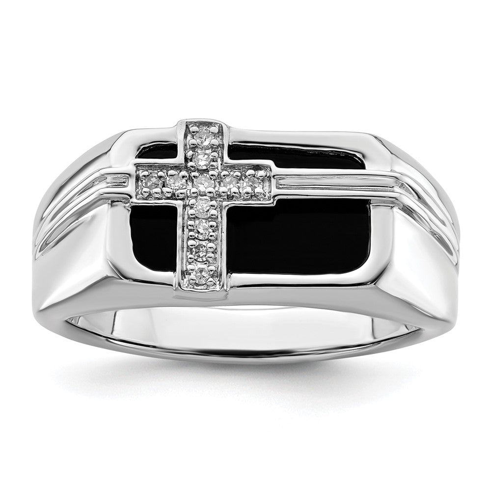 14K Weißgold Ring mit 0,05 ct. Laborgezüchtetem Diamant VS/SI+ G+ und Onyx-Kreuz für Herren