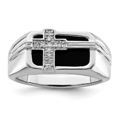 14K Weißgold Ring mit 0,05 ct. Laborgezüchtetem Diamant VS/SI+ G+ und Onyx-Kreuz für Herren