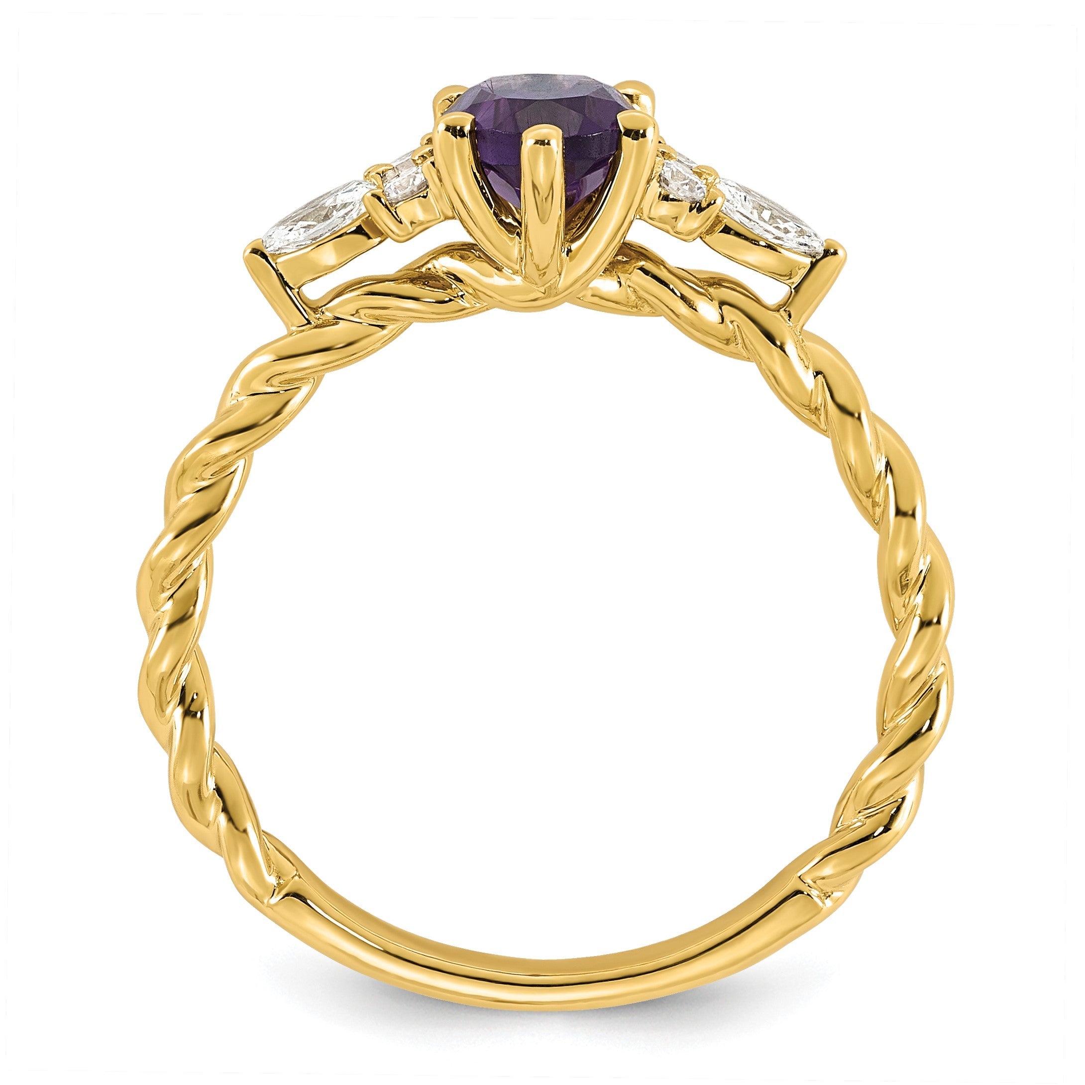 14K Gelbgold Ring mit Diamant und 7x5 ovalem Februar-/Amethyst-Stein, Größe 7, gedreht