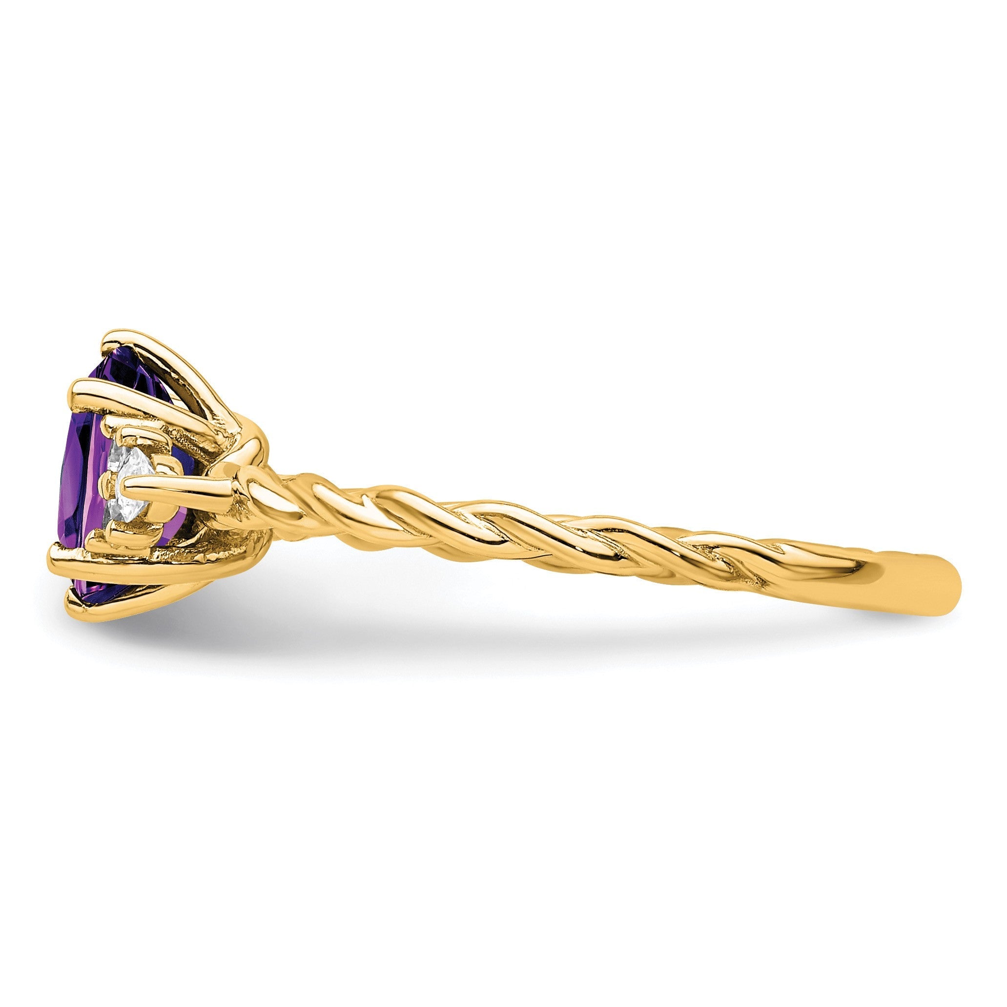 14K Gelbgold Ring mit Diamant und 7x5 ovalem Februar-/Amethyst-Stein, Größe 7, gedreht