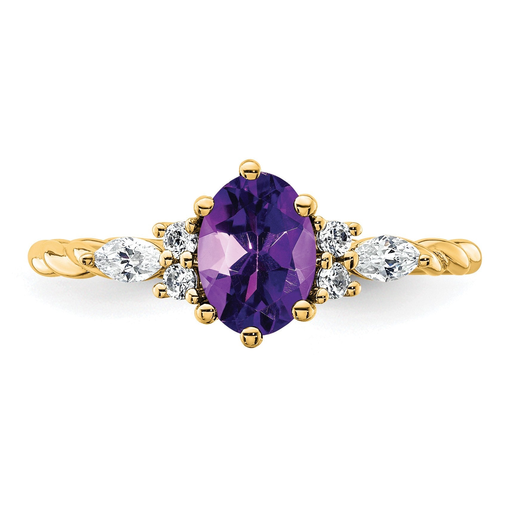 14K Gelbgold Ring mit Diamant und 7x5 ovalem Februar-/Amethyst-Stein, Größe 7, gedreht