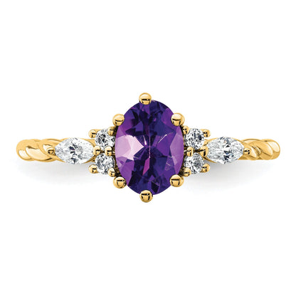14K Gelbgold Ring mit Diamant und 7x5 ovalem Februar-/Amethyst-Stein, Größe 7, gedreht