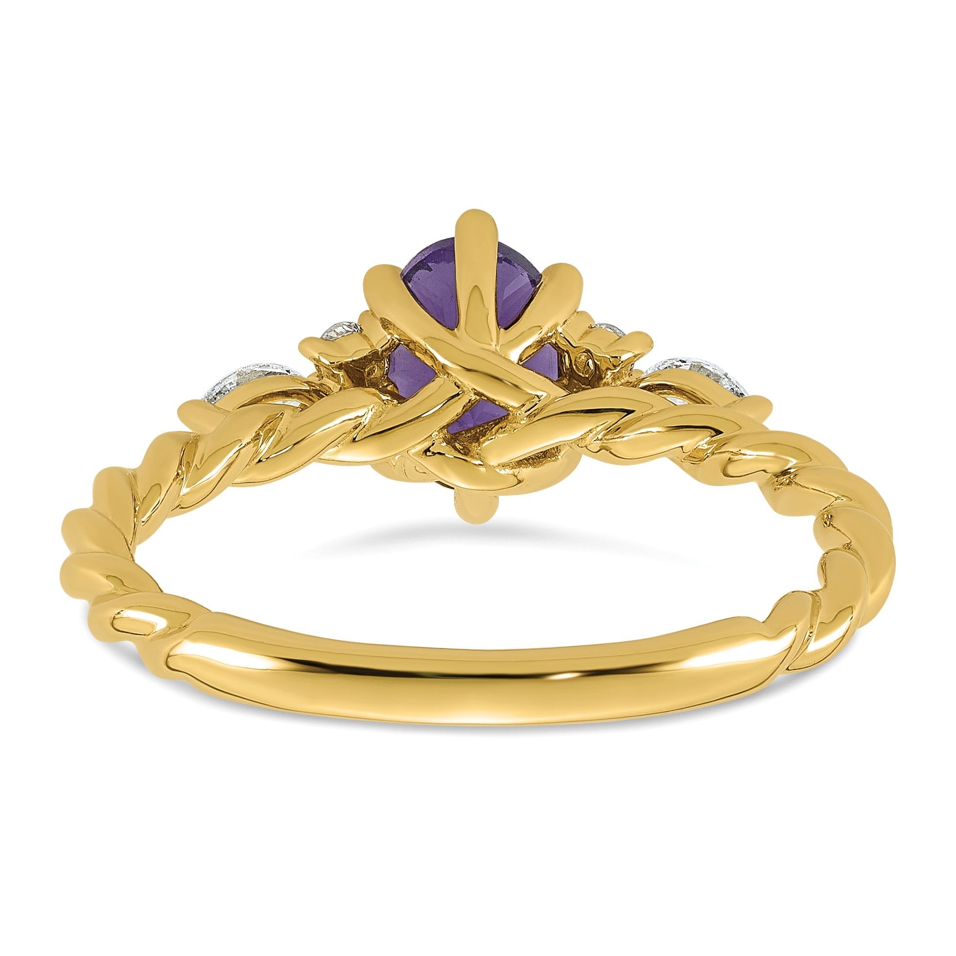 14K Gelbgold Ring mit Diamant und 7x5 ovalem Februar-/Amethyst-Stein, Größe 7, gedreht