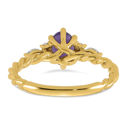 14K Gelbgold Ring mit Diamant und 7x5 ovalem Februar-/Amethyst-Stein, Größe 7, gedreht