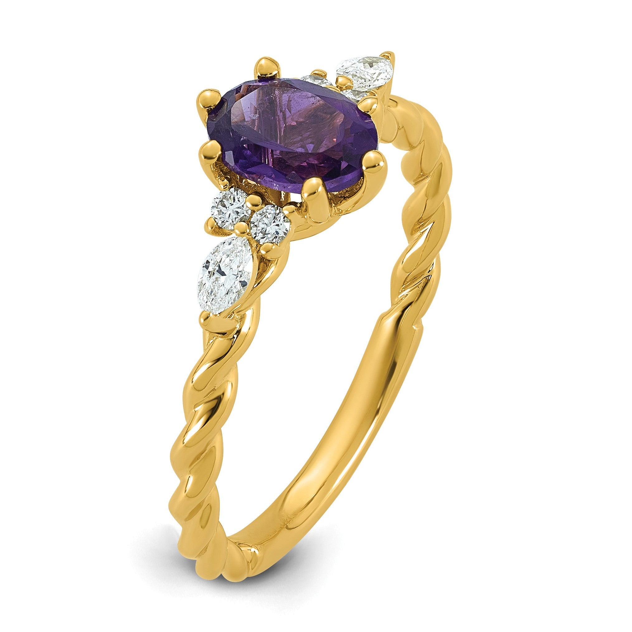14K Gelbgold Ring mit Diamant und 7x5 ovalem Februar-/Amethyst-Stein, Größe 7, gedreht