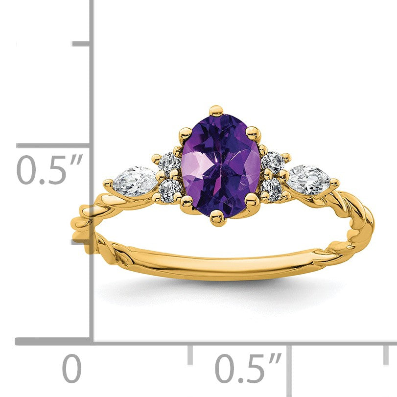 14K Gelbgold Ring mit Diamant und 7x5 ovalem Februar-/Amethyst-Stein, Größe 7, gedreht