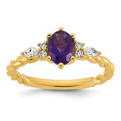 14K Gelbgold Ring mit Diamant und 7x5 ovalem Februar-/Amethyst-Stein, Größe 7, gedreht