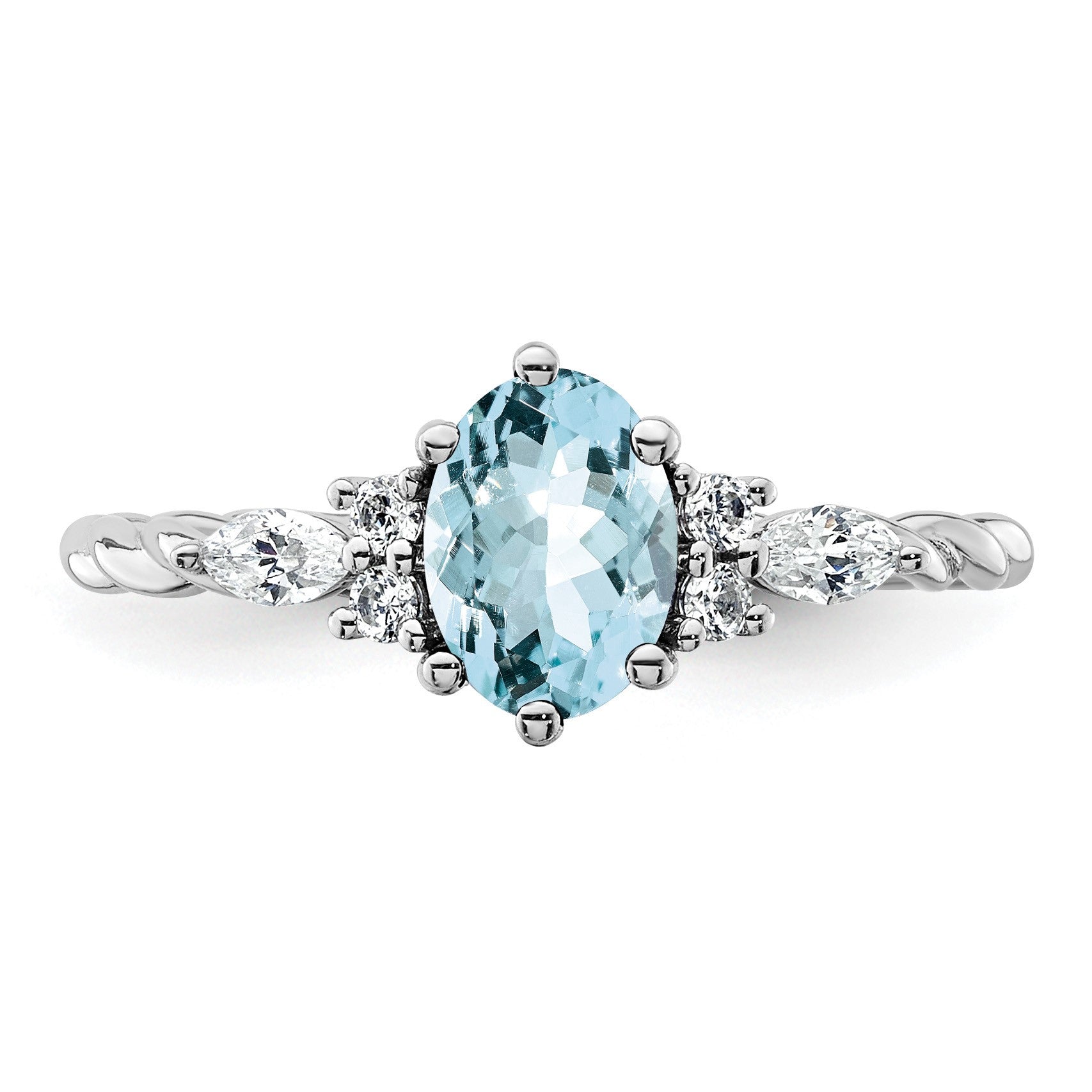 14K Weißgold Ring mit Diamant und 7x5 ovalem März/Aquamarin, Größe 7, verschlungen