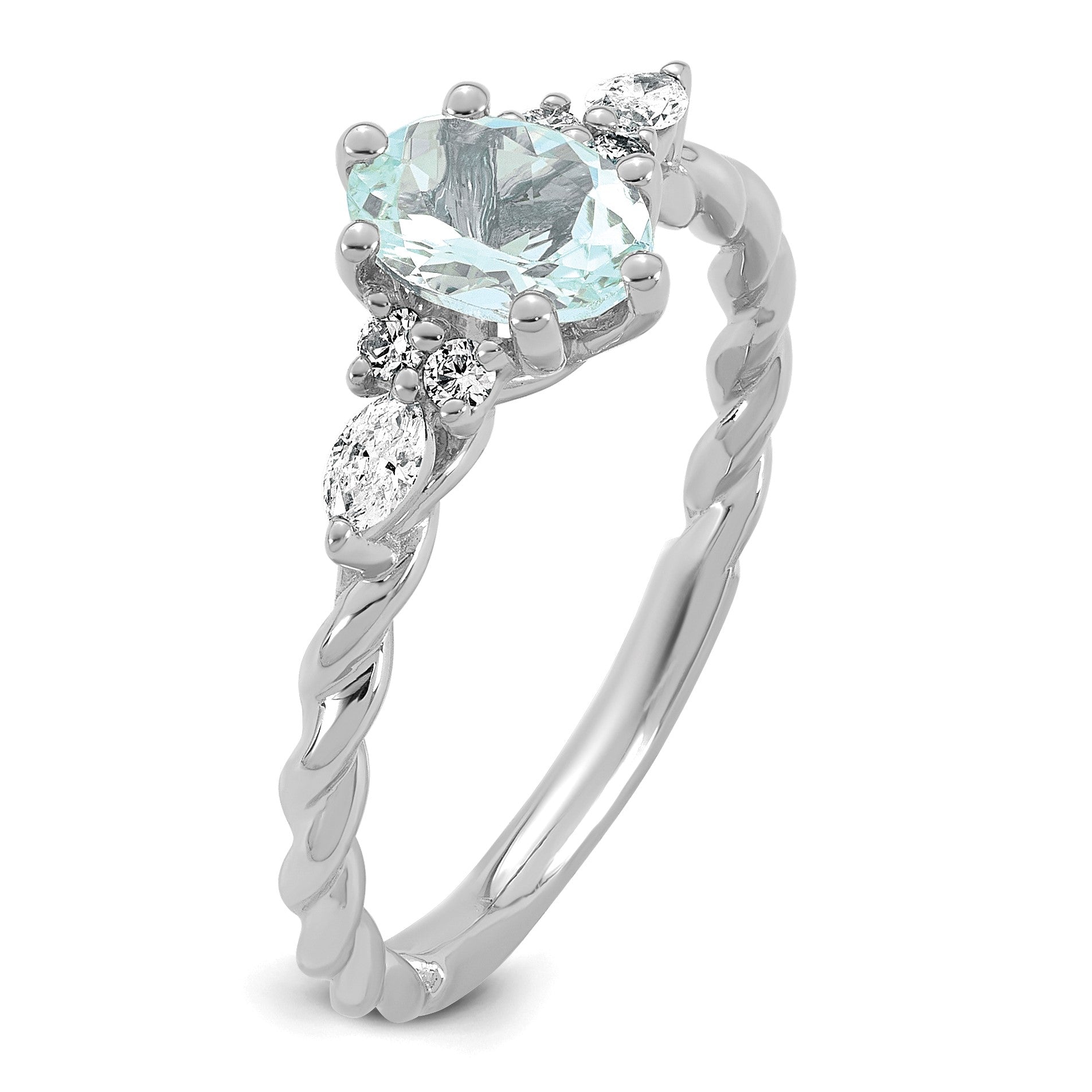14K Weißgold Ring mit Diamant und 7x5 ovalem März/Aquamarin, Größe 7, verschlungen