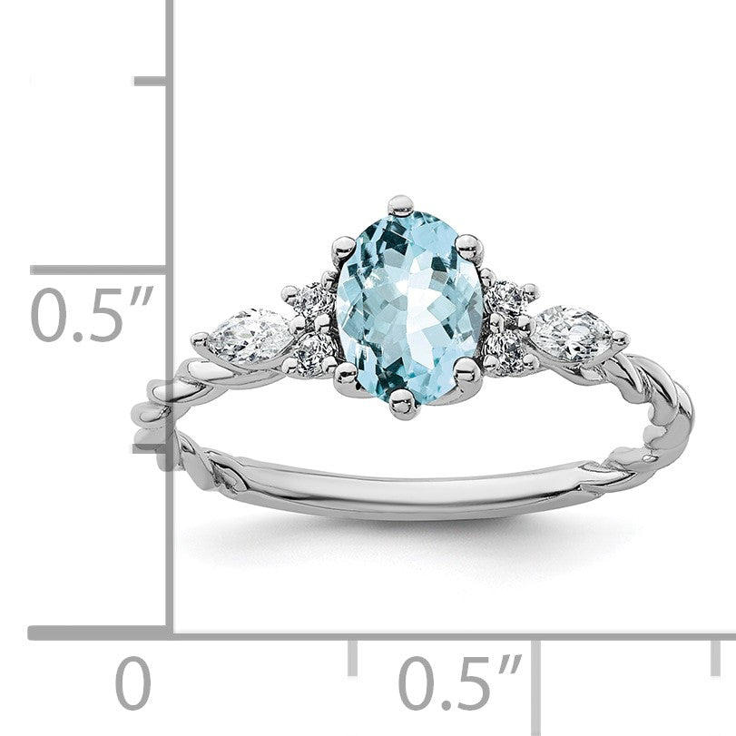 14K Weißgold Ring mit Diamant und 7x5 ovalem März/Aquamarin, Größe 7, verschlungen