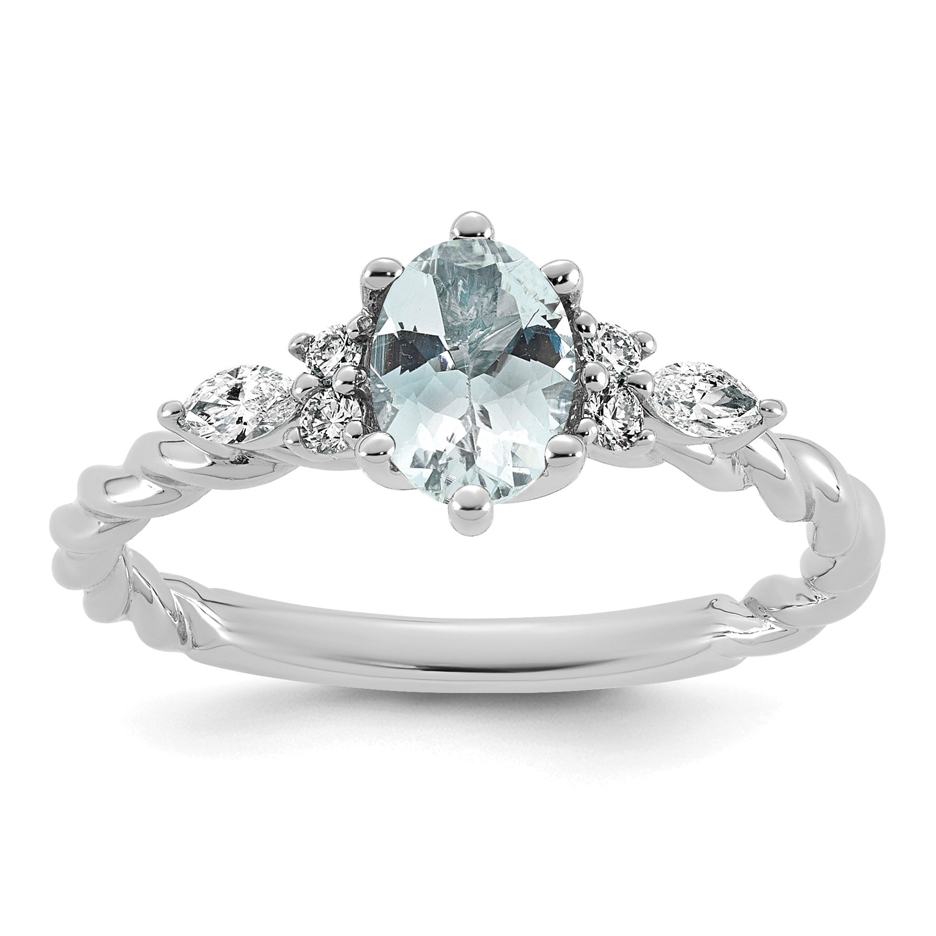 14K Weißgold Ring mit Diamant und 7x5 ovalem März/Aquamarin, Größe 7, verschlungen