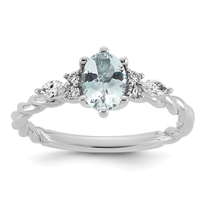 14K Weißgold Ring mit Diamant und 7x5 ovalem März/Aquamarin, Größe 7, verschlungen