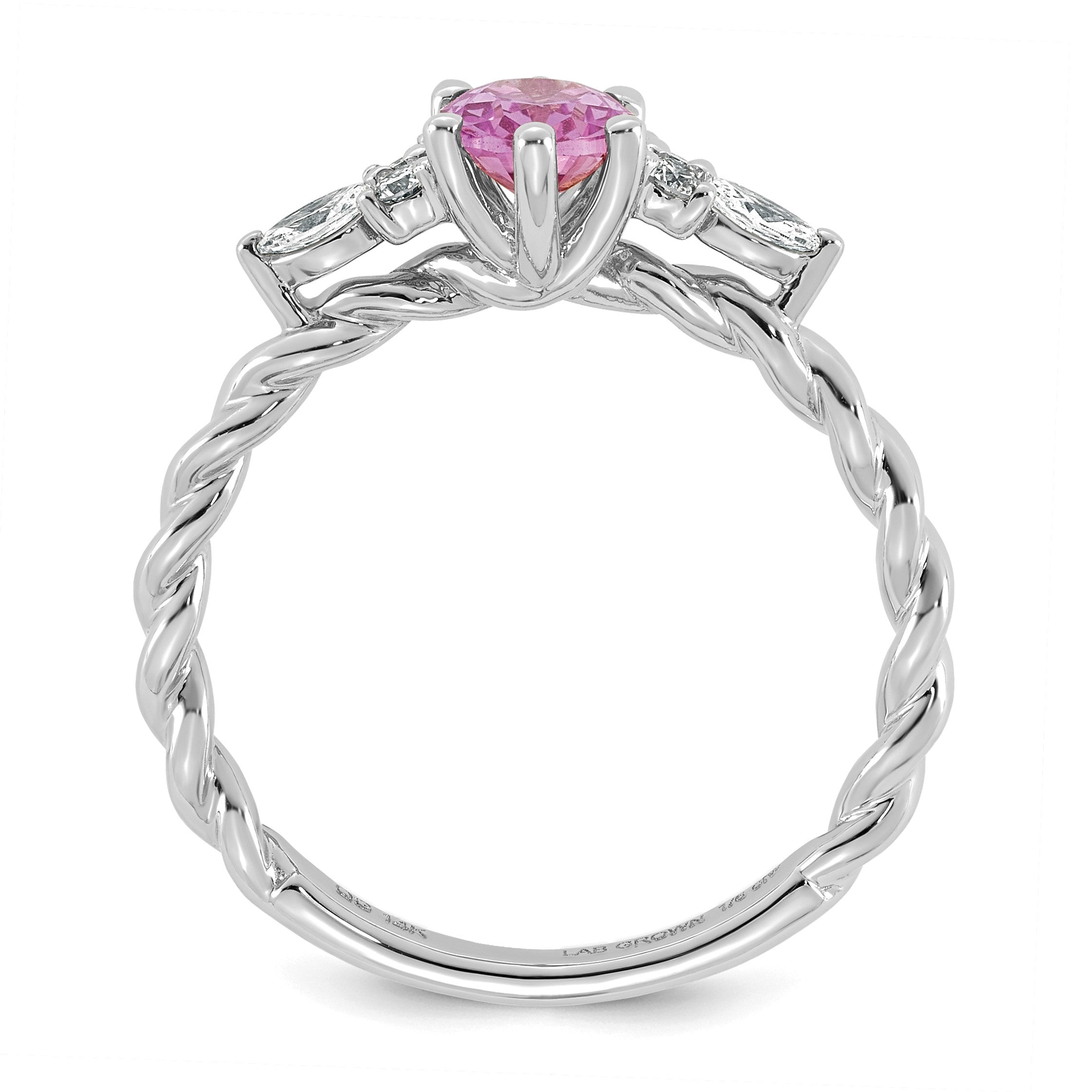14K Weißgold Ring mit gedrehtem Band, Diamanten und 7x5 ovalem, im Labor gezüchtetem rosa Saphir (Oktober), Größe 7