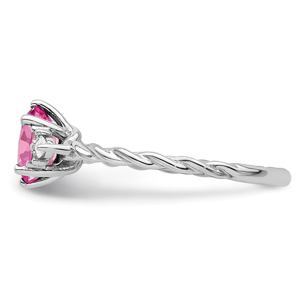 14K Weißgold Ring mit gedrehtem Band, Diamanten und 7x5 ovalem, im Labor gezüchtetem rosa Saphir (Oktober), Größe 7