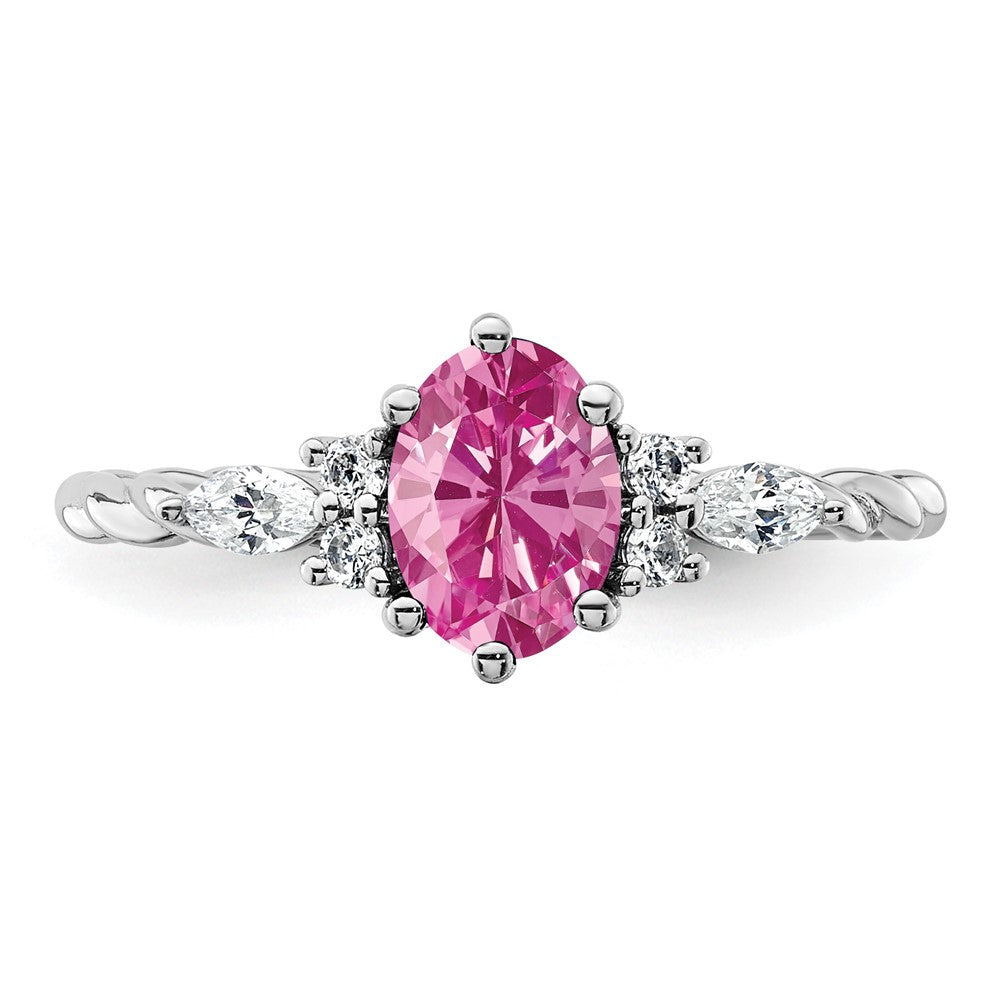 14K Weißgold Ring mit gedrehtem Band, Diamanten und 7x5 ovalem, im Labor gezüchtetem rosa Saphir (Oktober), Größe 7