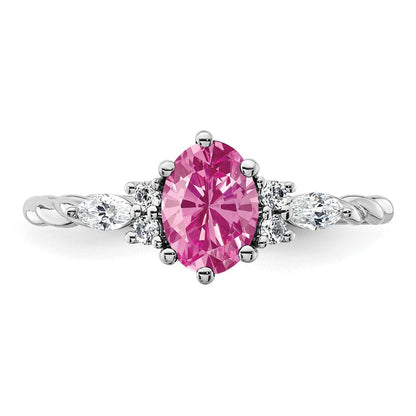 14K Weißgold Ring mit gedrehtem Band, Diamanten und 7x5 ovalem, im Labor gezüchtetem rosa Saphir (Oktober), Größe 7