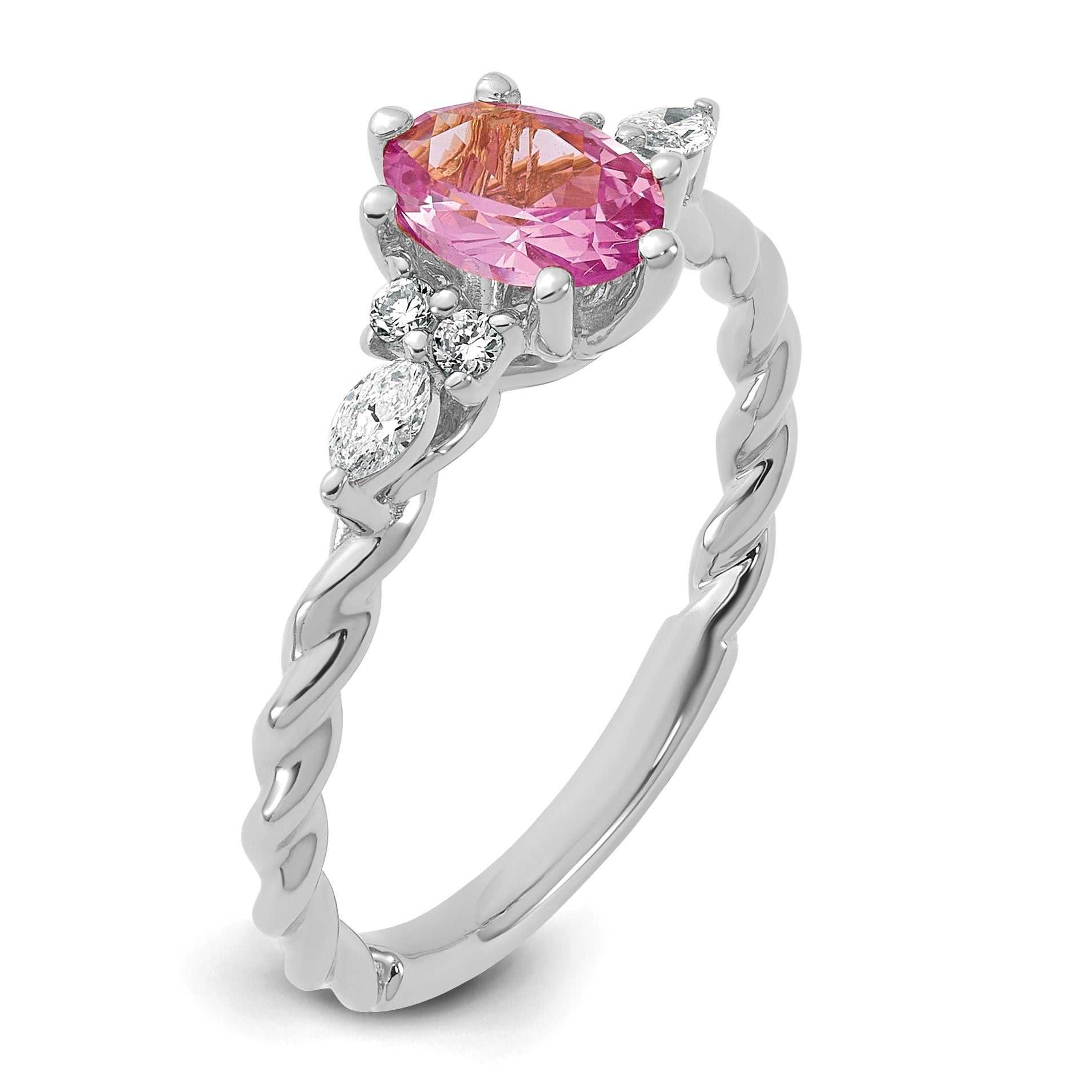 14K Weißgold Ring mit gedrehtem Band, Diamanten und 7x5 ovalem, im Labor gezüchtetem rosa Saphir (Oktober), Größe 7