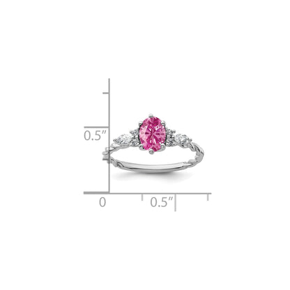 14K Weißgold Ring mit gedrehtem Band, Diamanten und 7x5 ovalem, im Labor gezüchtetem rosa Saphir (Oktober), Größe 7