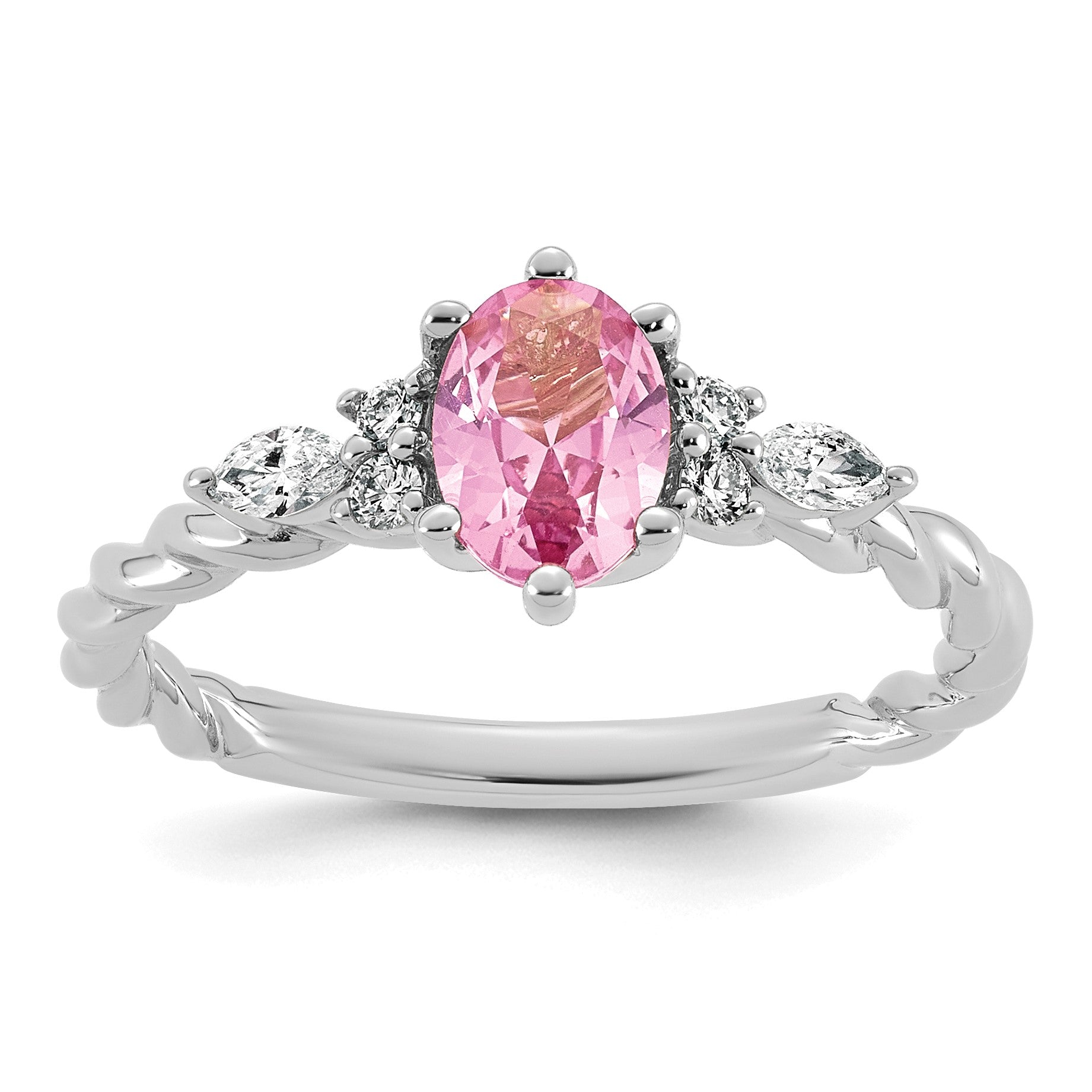 14K Weißgold Ring mit gedrehtem Band, Diamanten und 7x5 ovalem, im Labor gezüchtetem rosa Saphir (Oktober), Größe 7